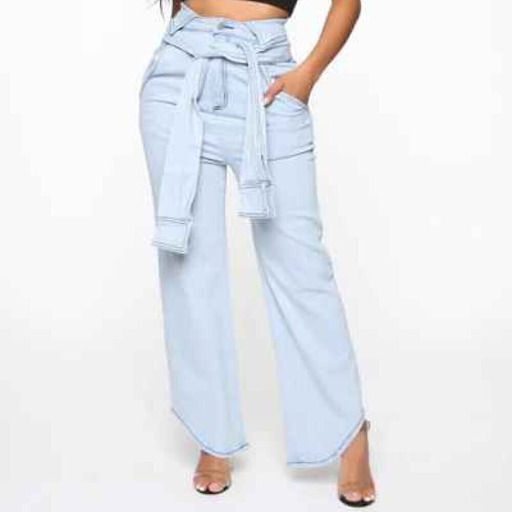 New Fashion Nova Kaylee High Rise Sleeve Tie Jeans - Light Blue Wash Denim | L